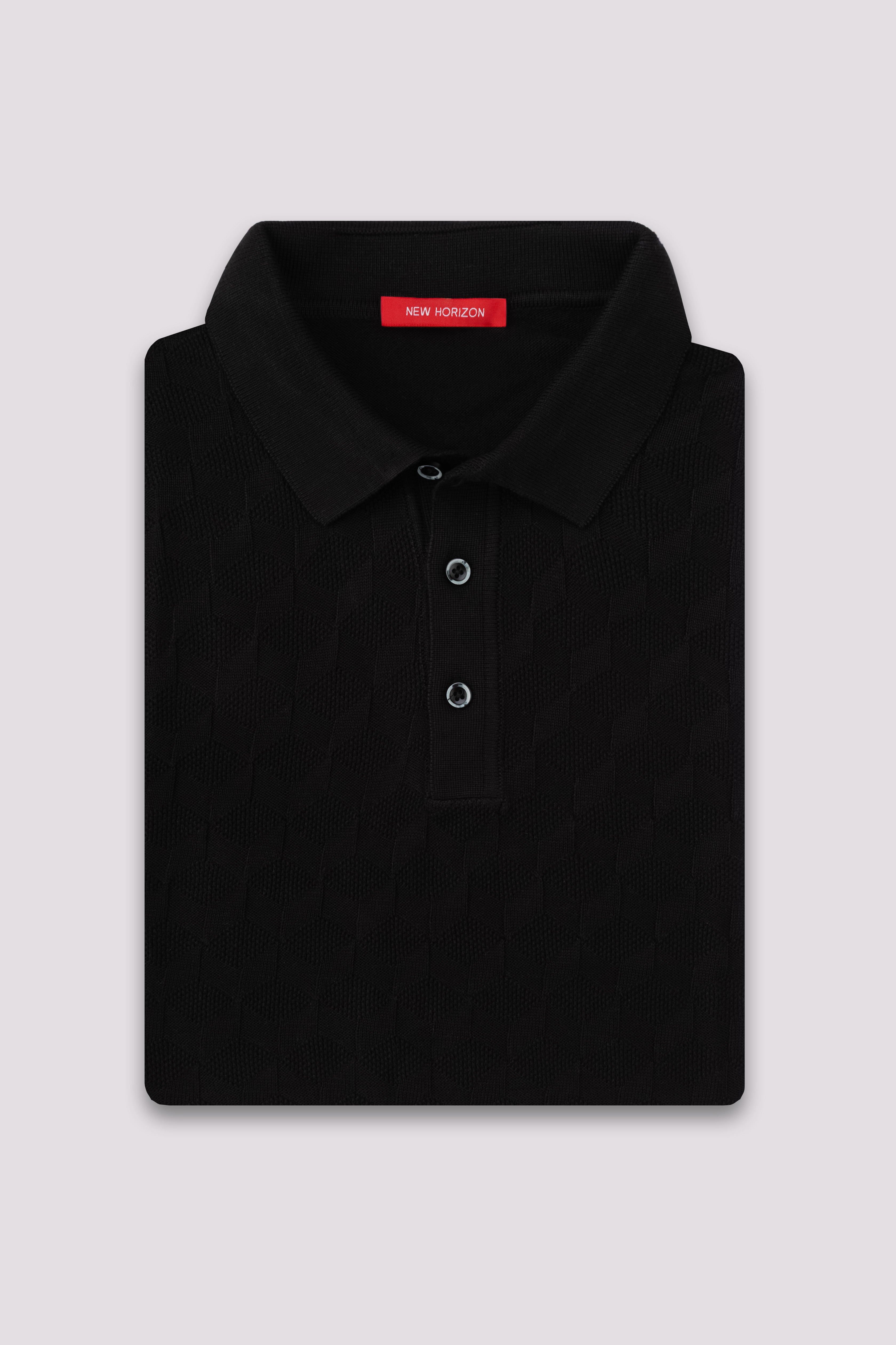Black Textured Knitted Polo