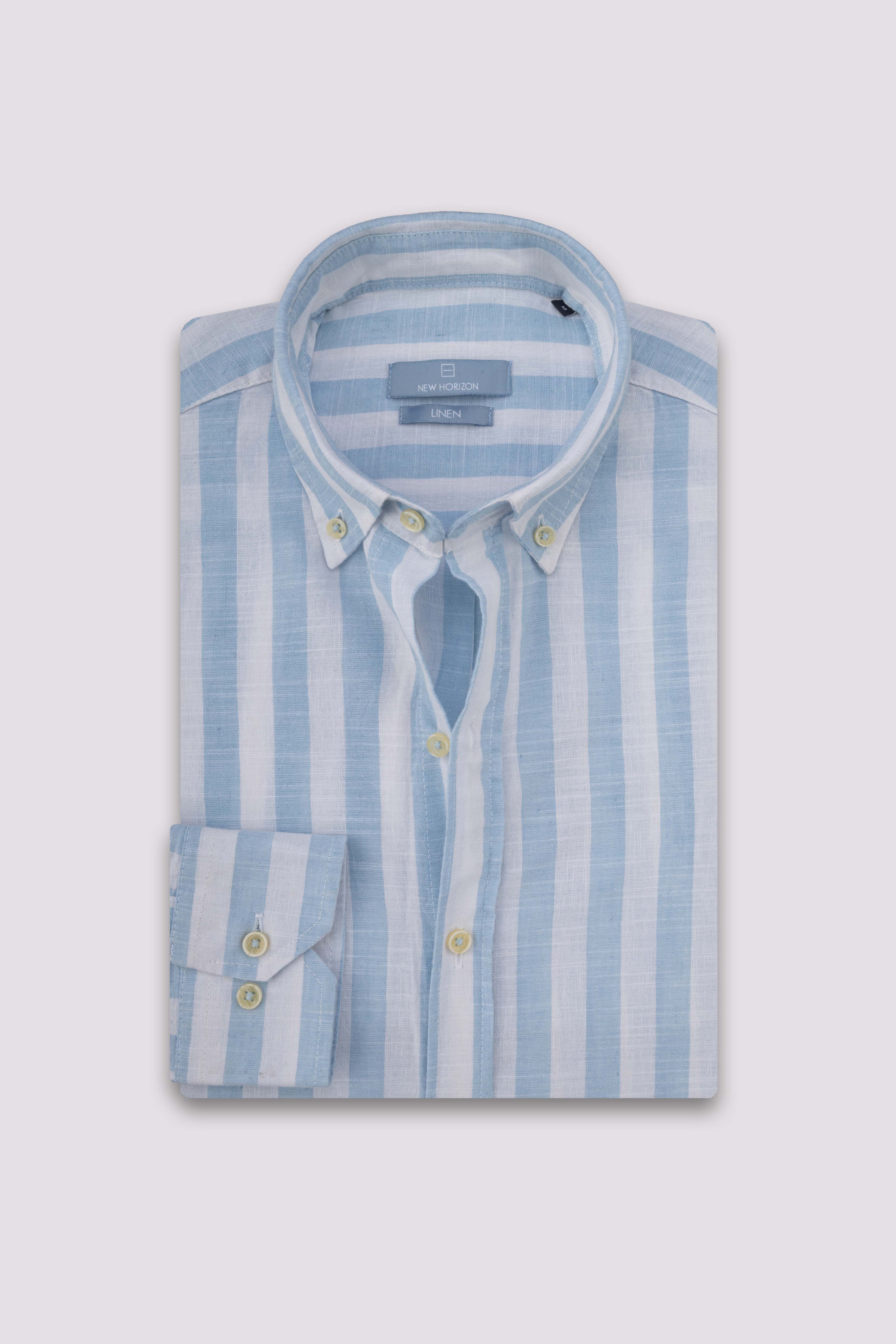 Light Blue Wide Striped Linen-Cotton Shirt