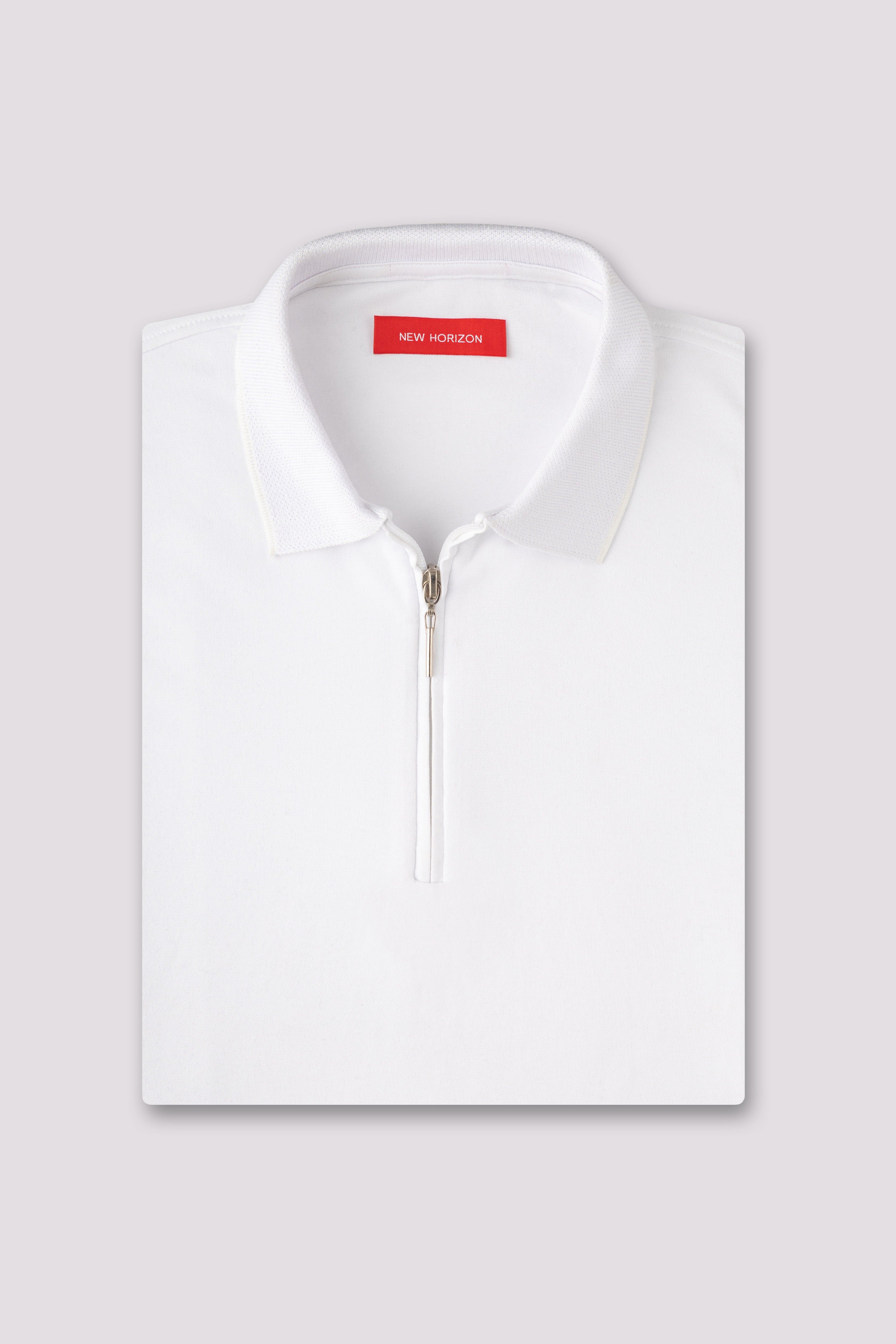 White Jacquard Zip-Up Polo Shirt