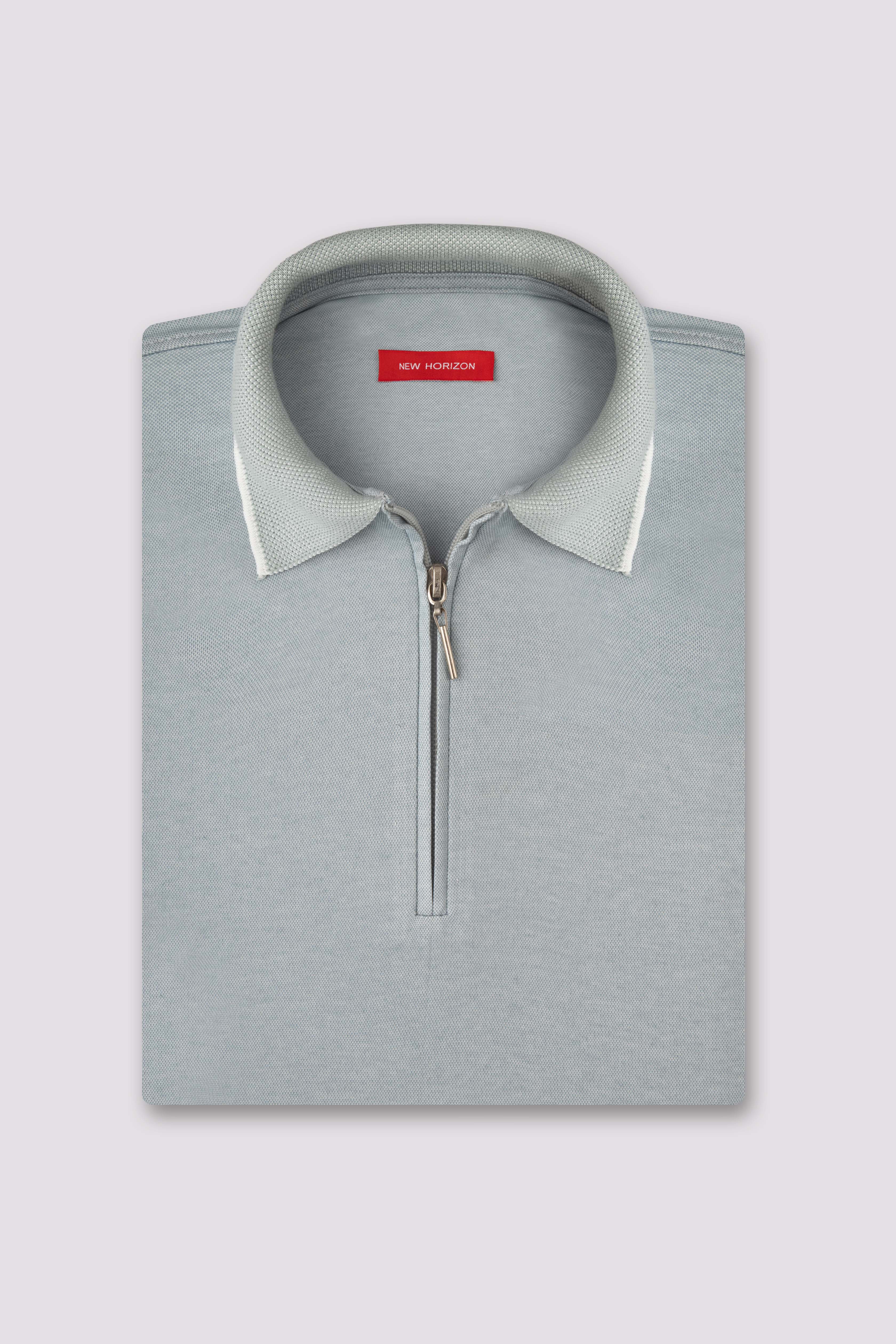 Mint Jacquard Zip-Up Polo Shirt