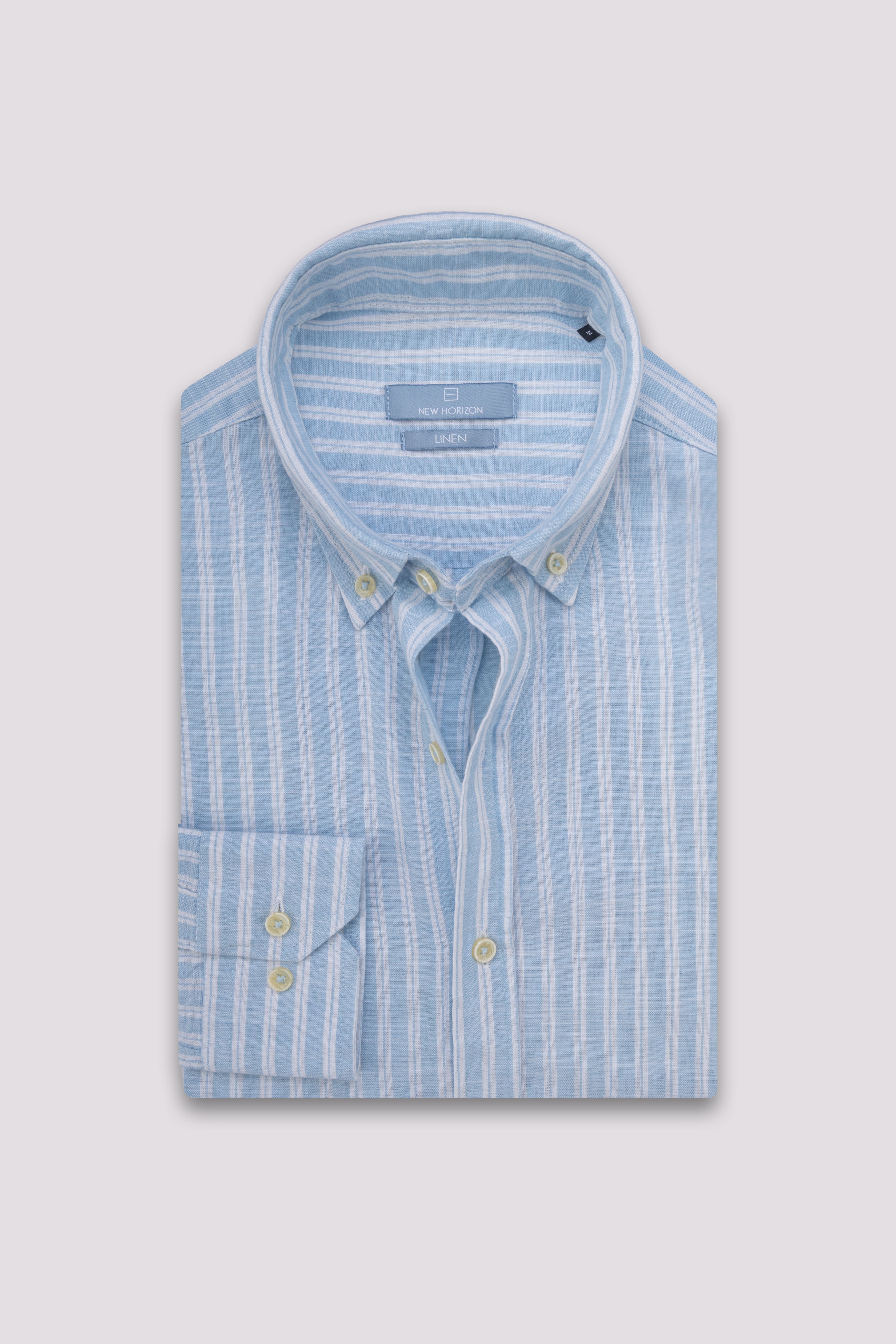 Baby Blue Double Striped Linen-Cotton Shirt
