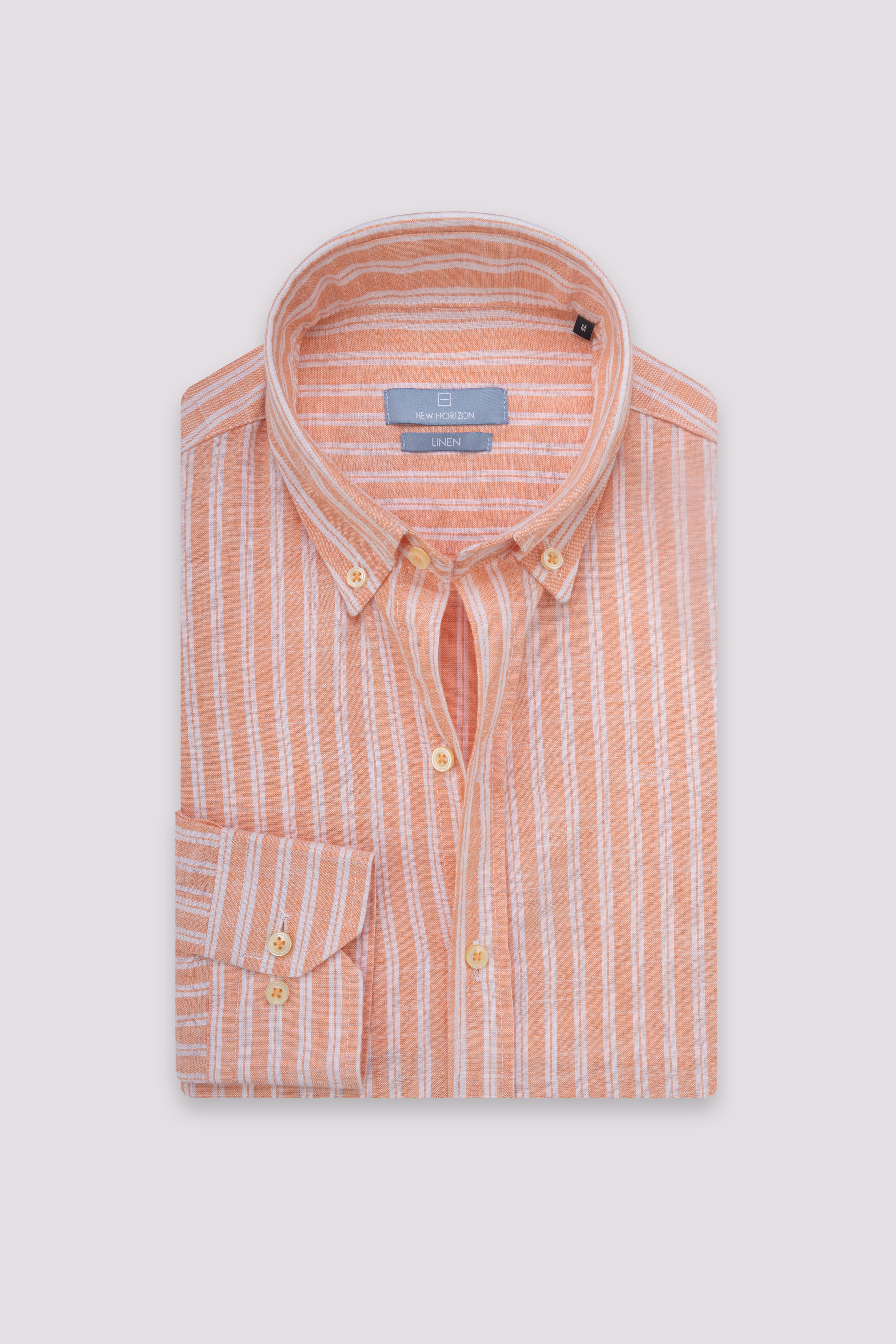 Orange Double Striped Linen-Cotton Shirt