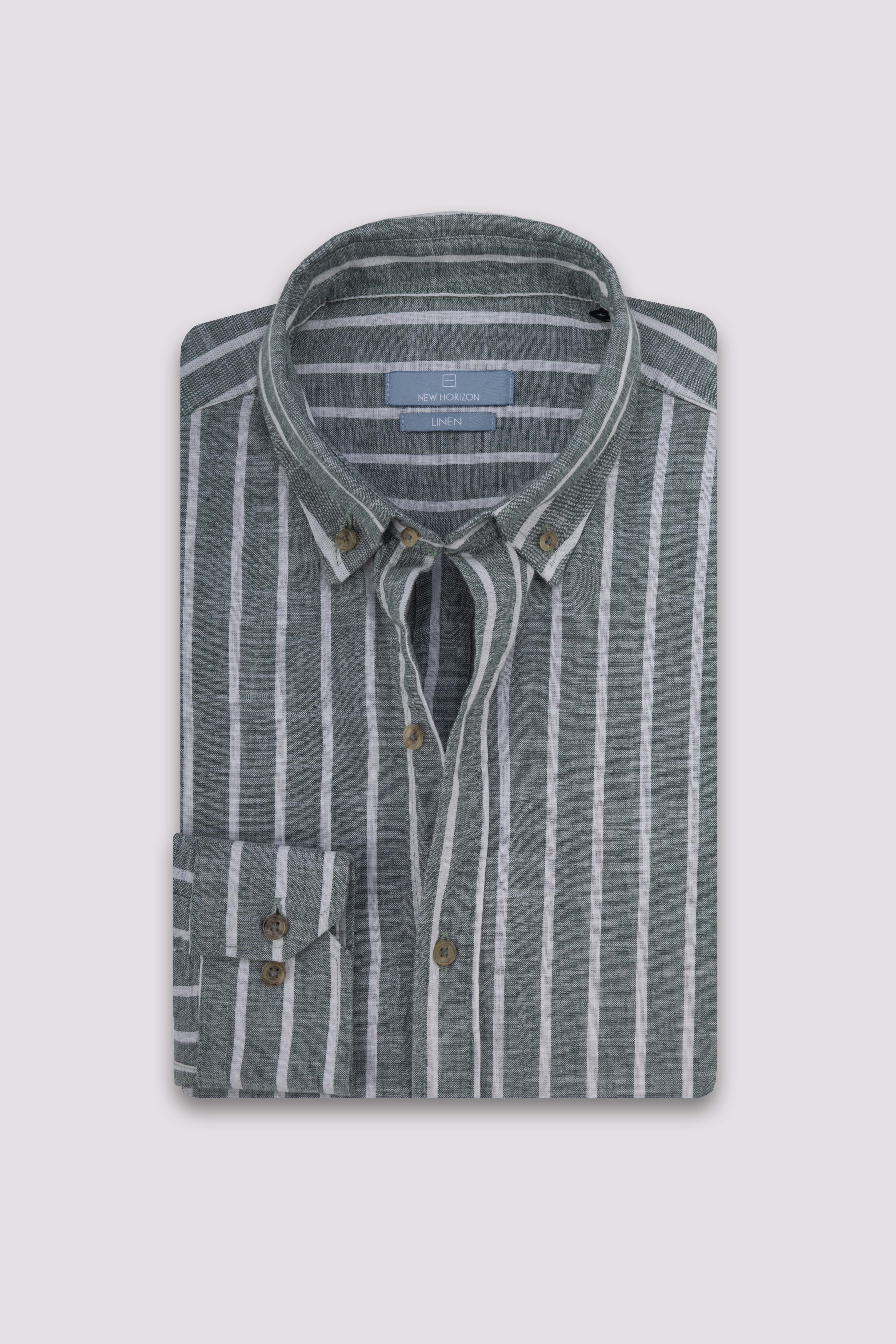 Olive Fine Striped Linen-Cotton Shirt