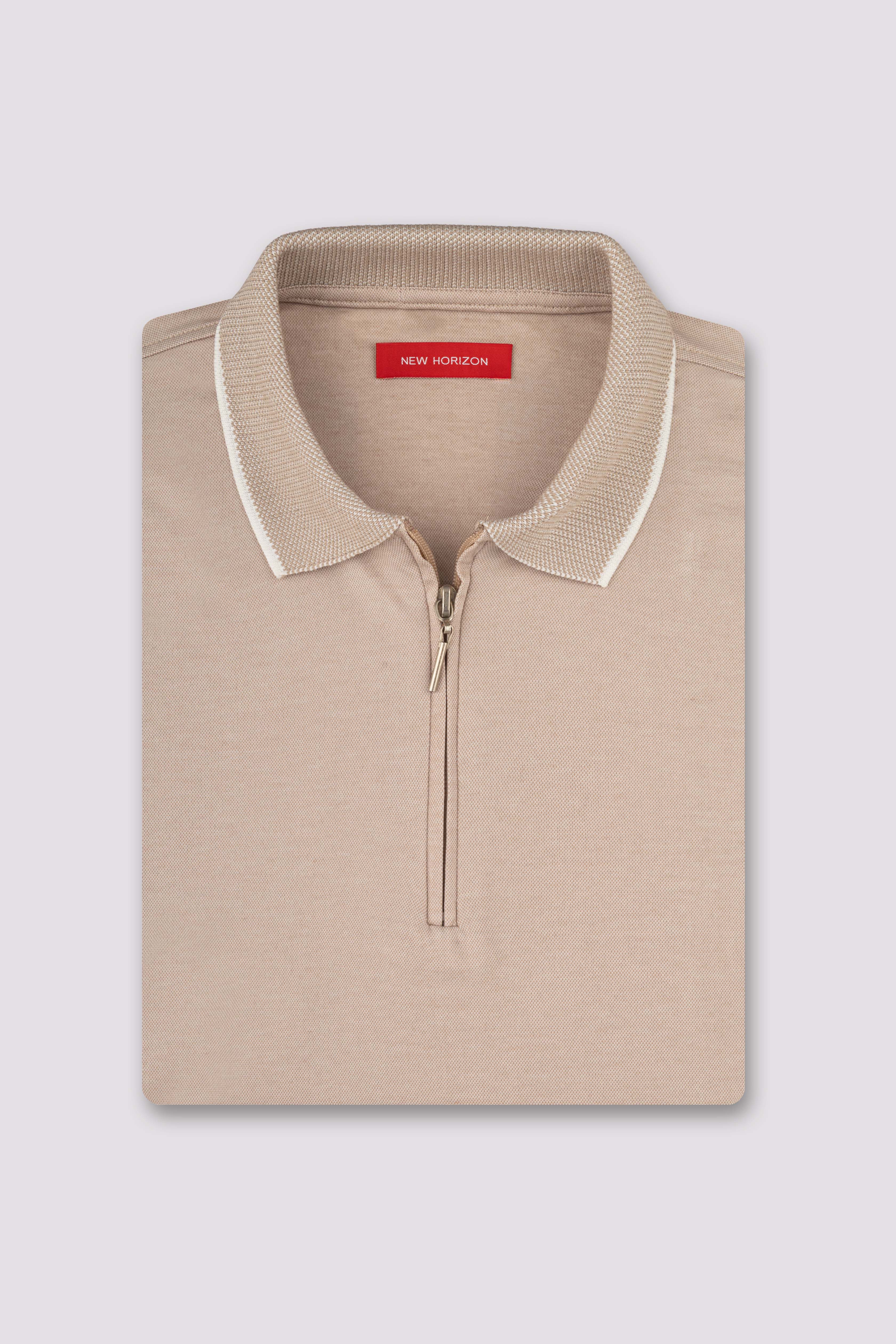 Beige Jacquard Zip-Up Polo Shirt