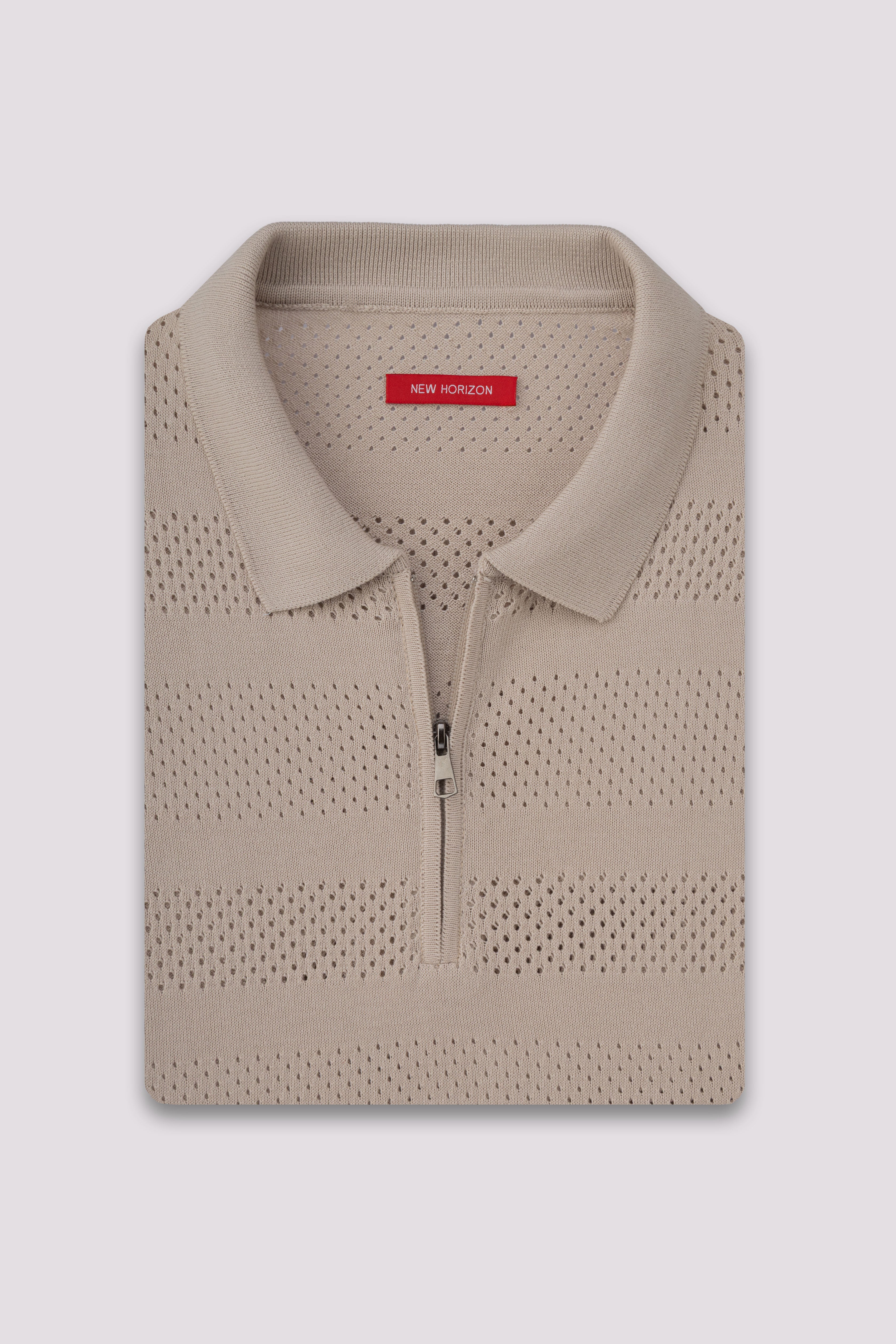 Beige Cutwork Knitted Zipped Polo