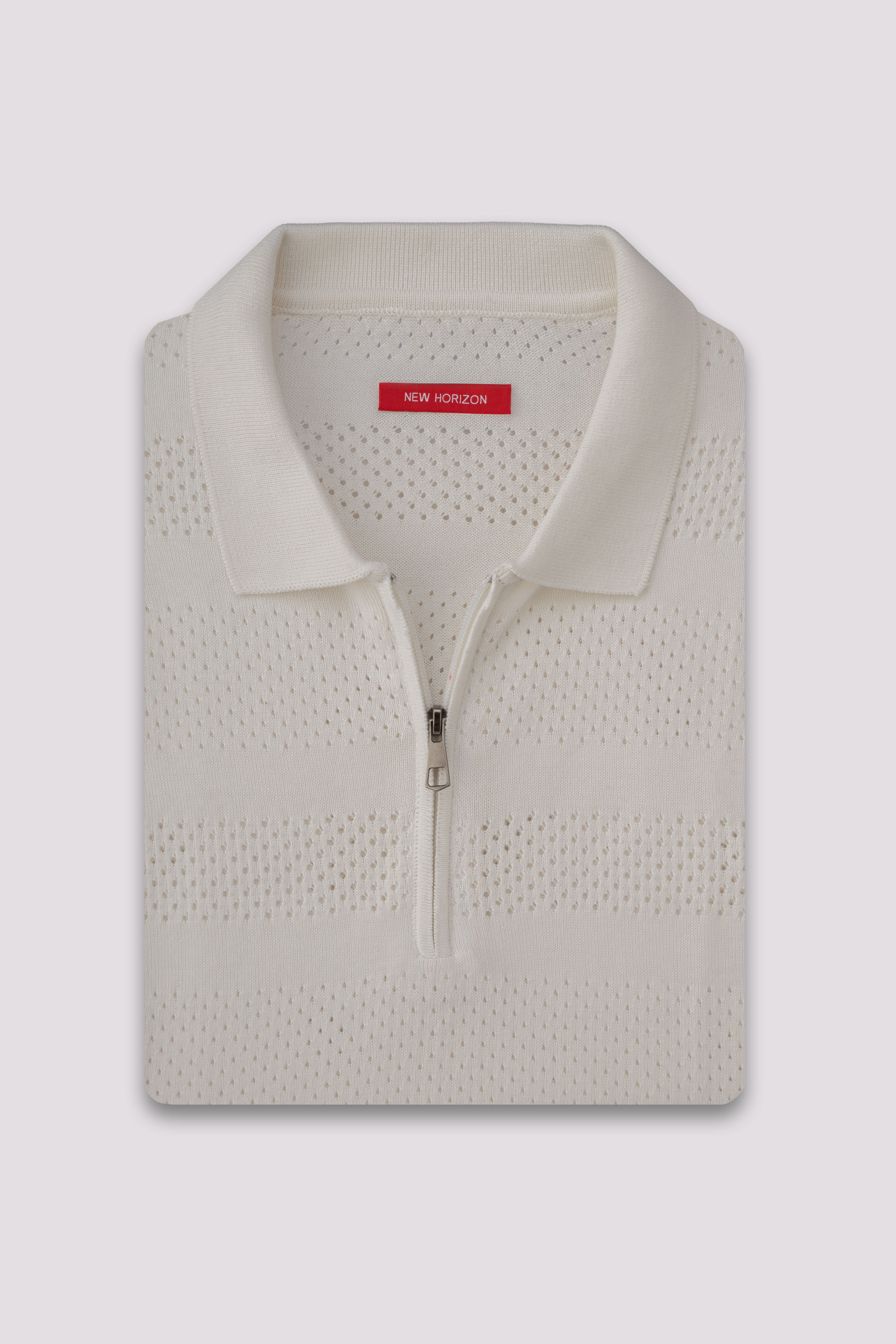 Off White Cutwork Knitted Zipped Polo