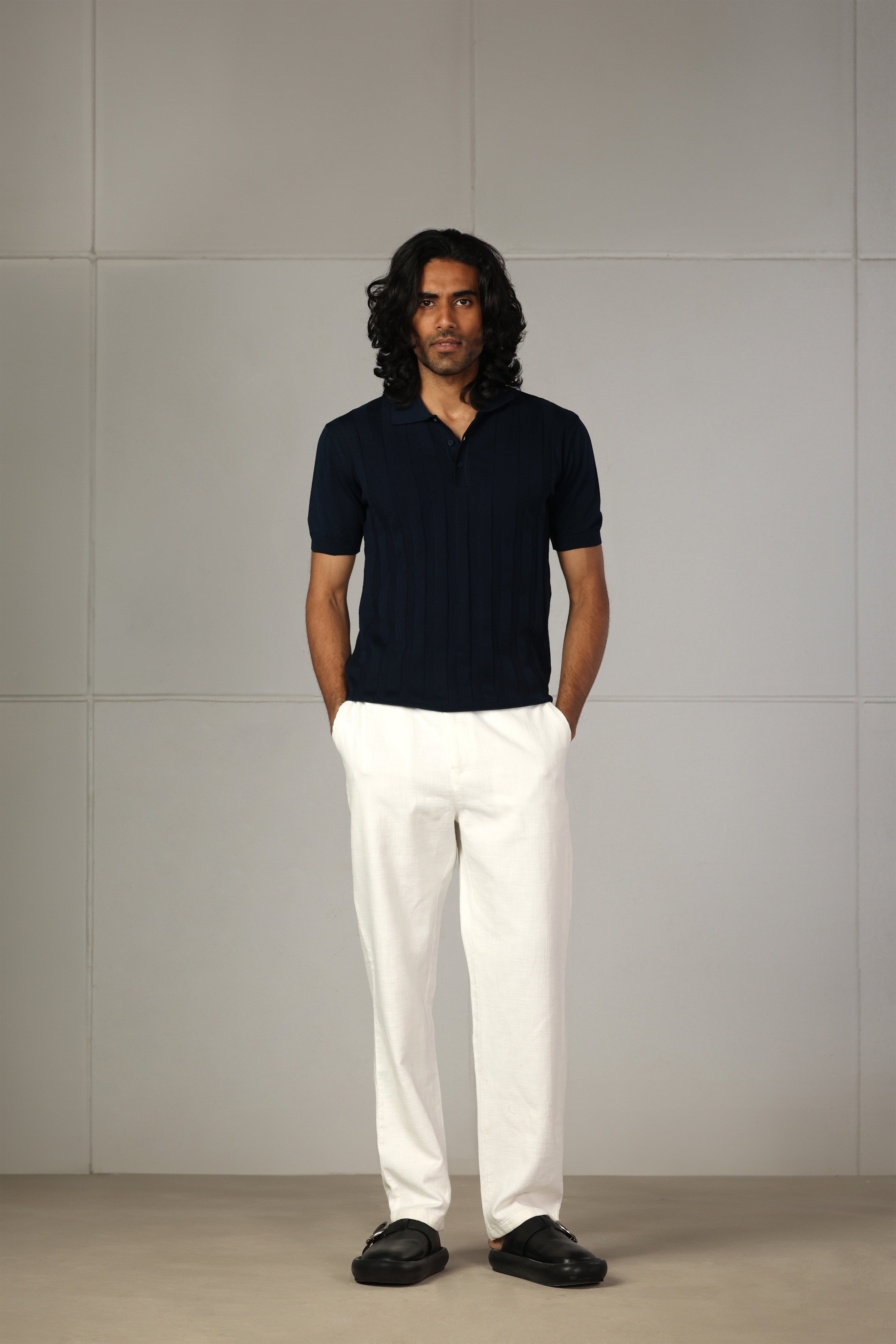 Navy Ribbed Knitted Polo