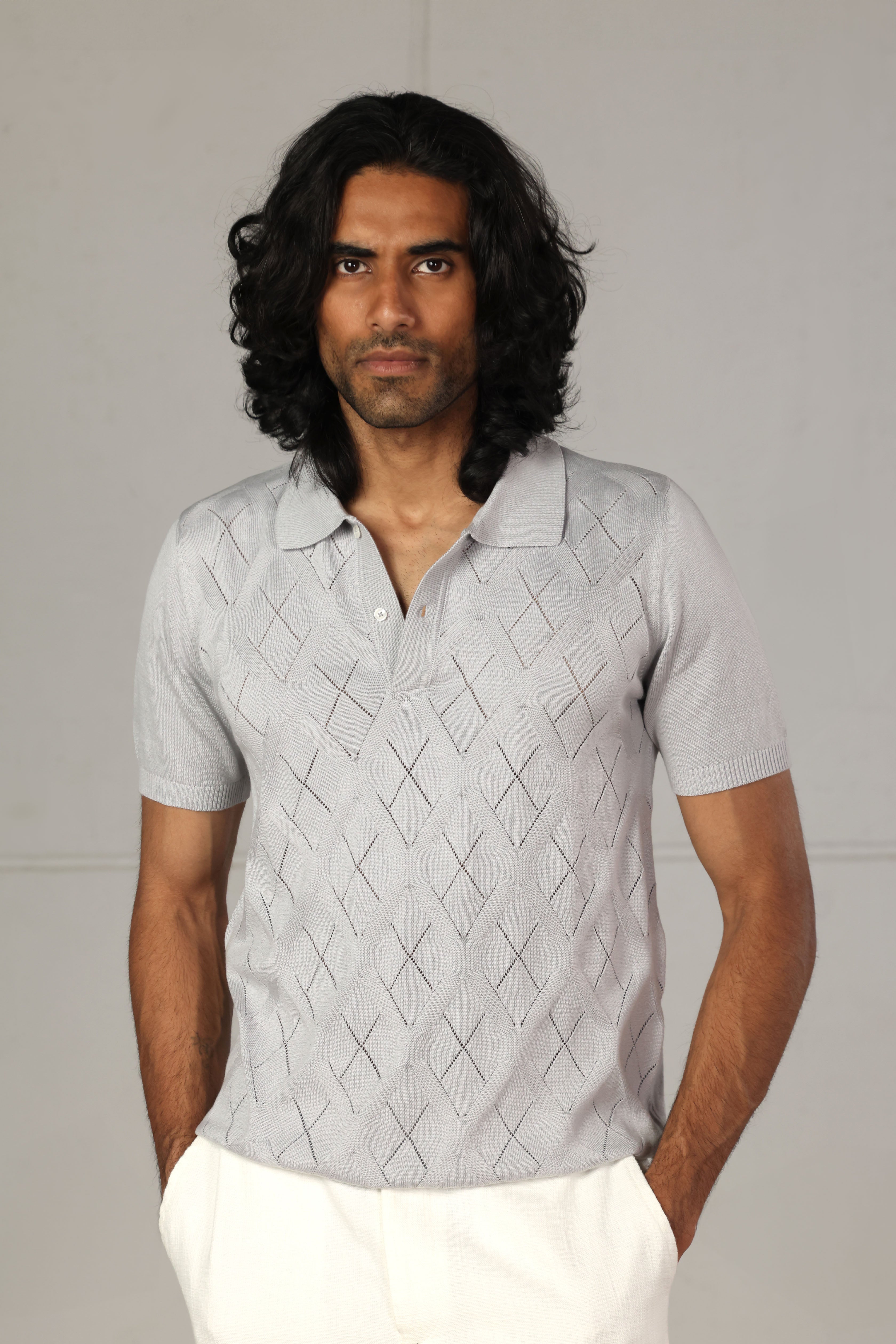 Grey Diamond Knitted Polo