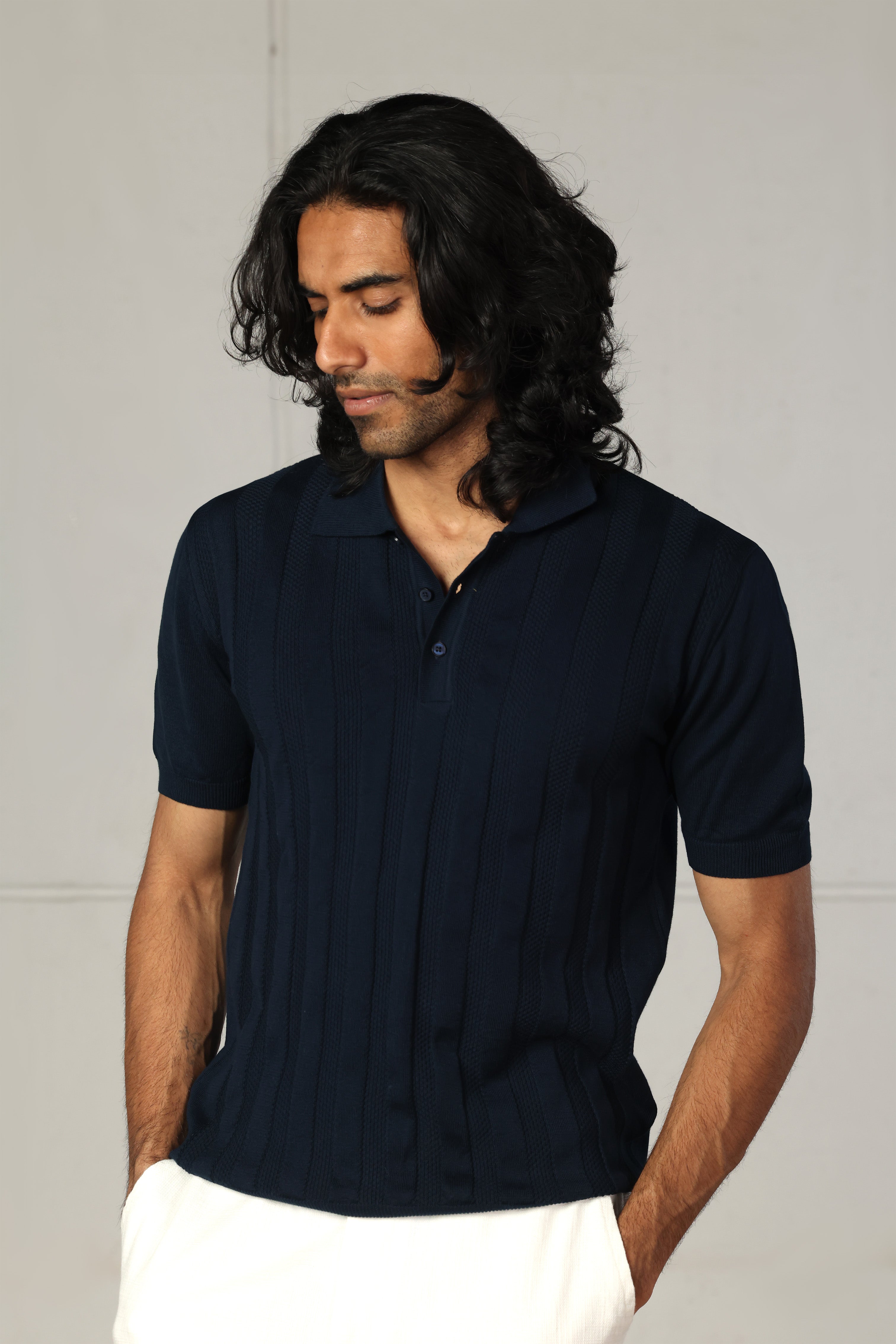 Navy Ribbed Knitted Polo