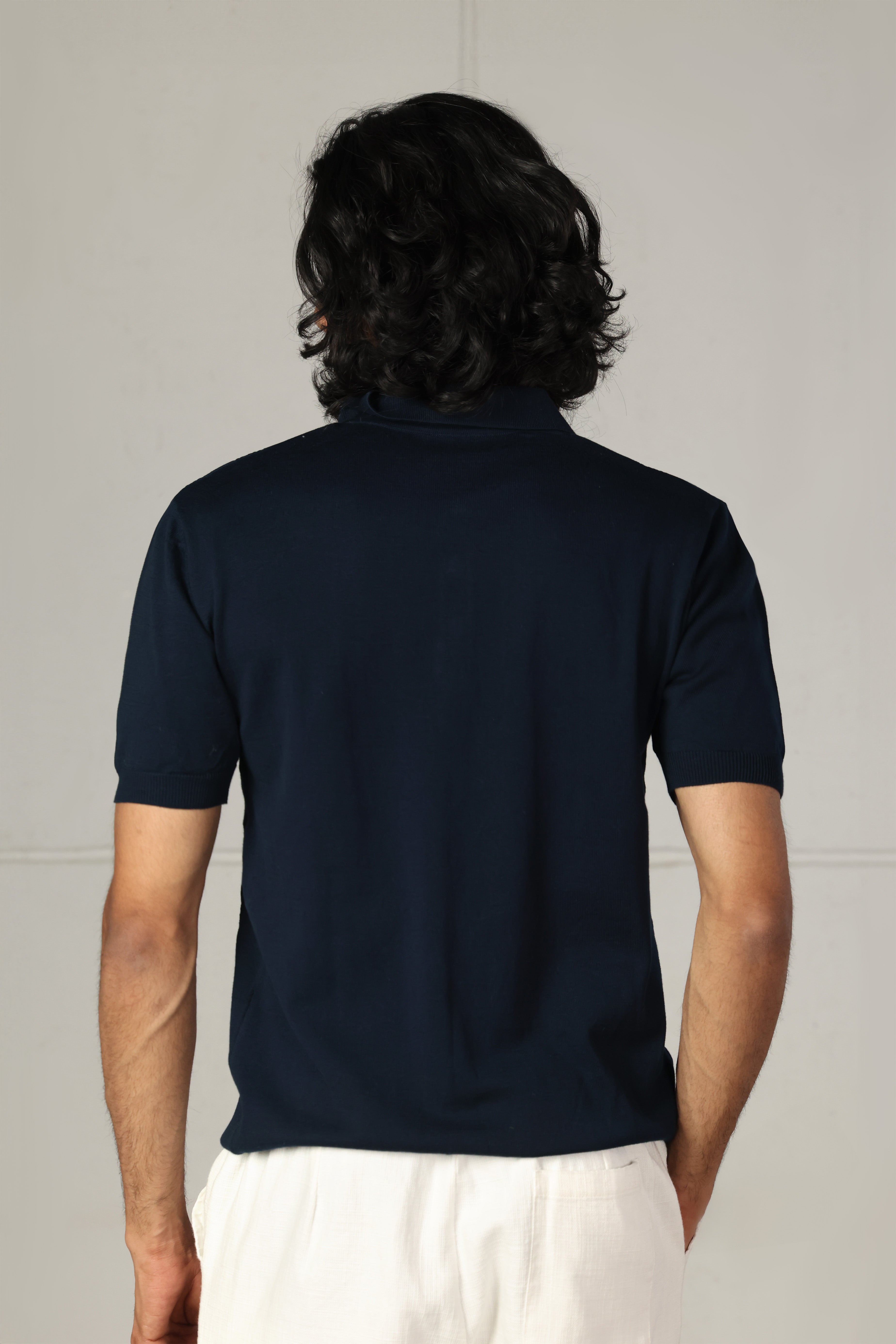 Navy Ribbed Knitted Polo