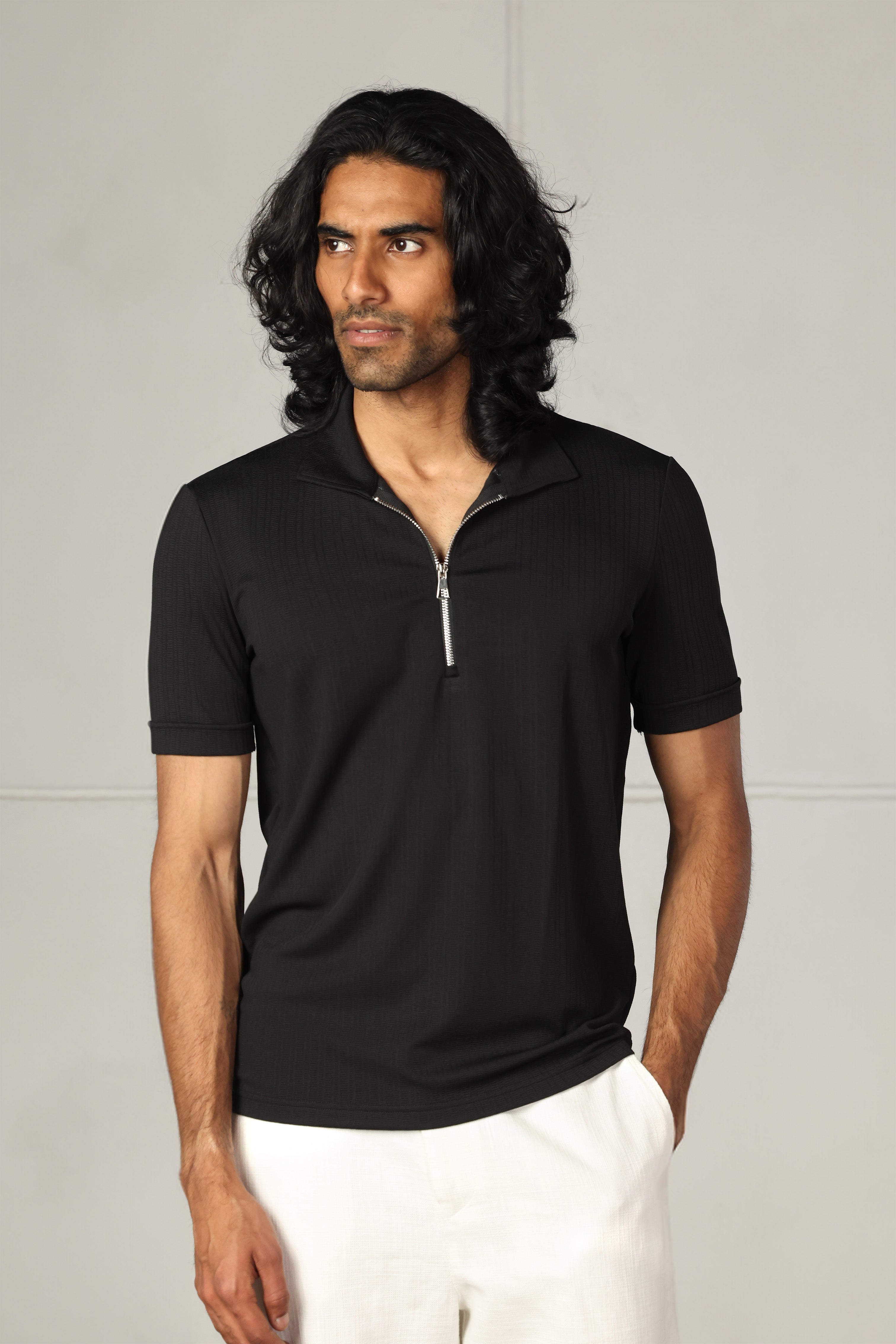 Black Technical Zip-Up Polo Shirt